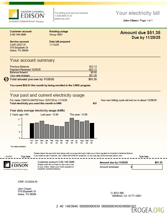 USA Southern California Edison utility bill template in Word and PDF formats, version 3